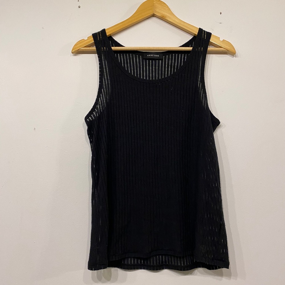 Anine Bing Black Sheer Vertical Stripe Knit Old Money Quiet Luxury Top Large